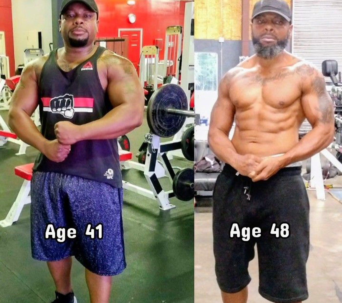 Me at 41 and at 48, seven to eight years apart, side by side